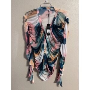 Fashion Nova Odette Ruched Mesh Top Teal Combo Tie Front Blouse Size XL‎